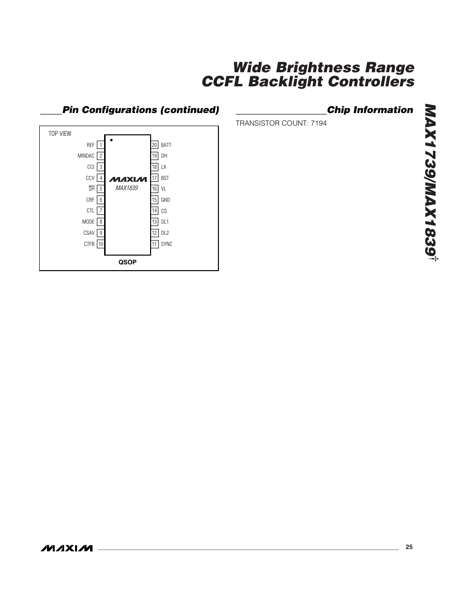Wide brightness range ccfl backlight controllers, Pin configurations (continued) chip information | Rainbow Electronics MAX1839 User Manual | Page 25 / 26
