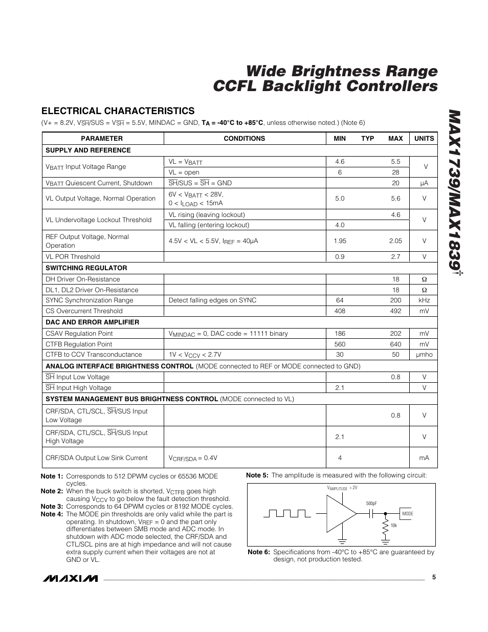 Wide brightness range ccfl backlight controllers, Electrical characteristics | Rainbow Electronics MAX1839 User Manual | Page 5 / 26