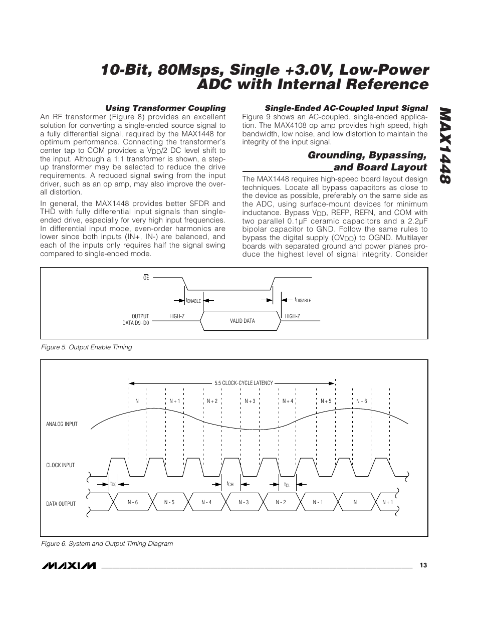 Grounding, bypassing, and board layout | Rainbow Electronics MAX1448 User Manual | Page 13 / 18