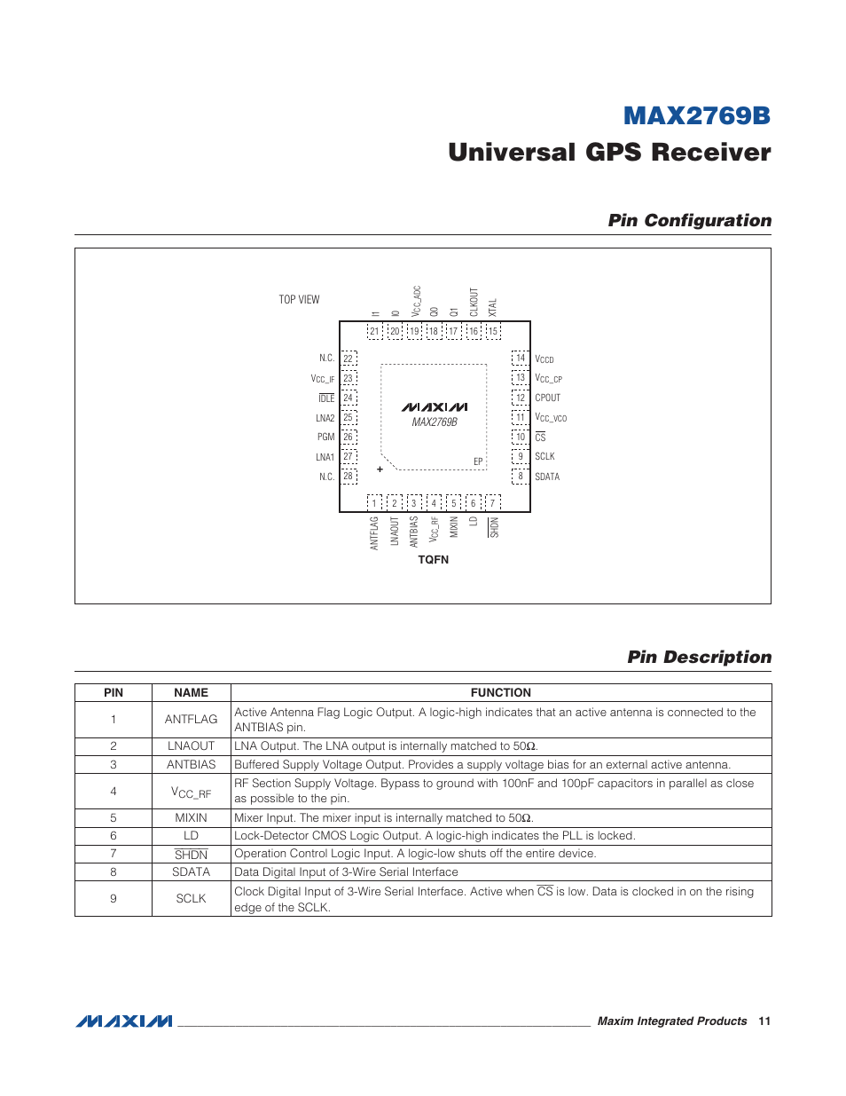 Pin configuration, Pin description, Max2769b universal gps receiver | Pin description pin configuration | Rainbow Electronics MAX2769B User Manual | Page 11 / 25