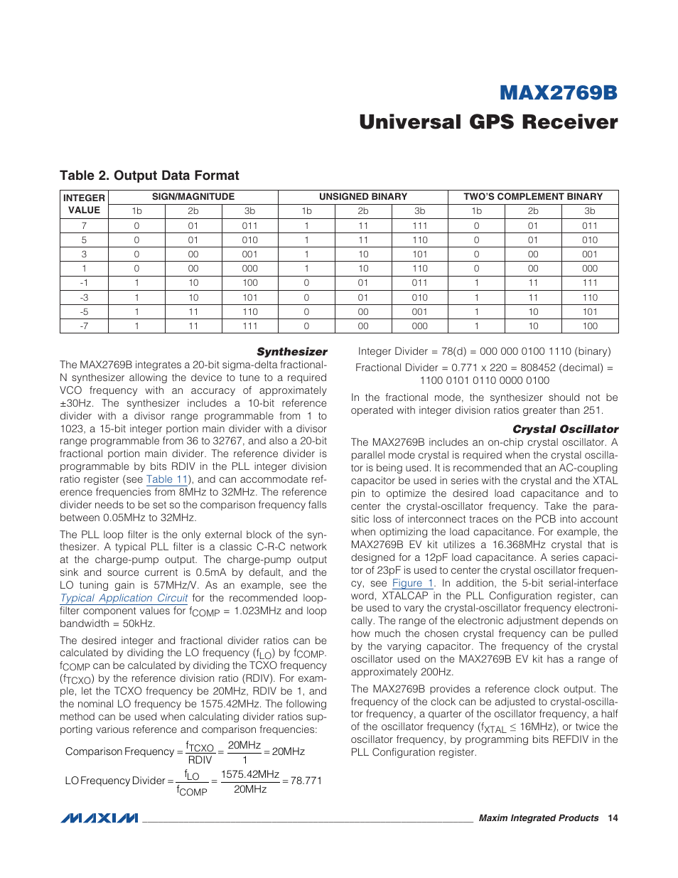 Synthesizer, Crystal oscillator, Table 2. output data format | Max2769b universal gps receiver | Rainbow Electronics MAX2769B User Manual | Page 14 / 25