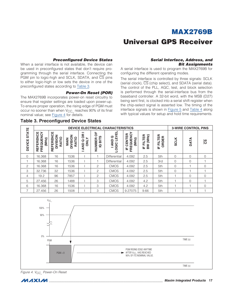 Preconfigured device states, Power-on reset (por), Serial interface, address, and bit assignments | Figure 4. v power-on reset, Table 3. preconfigured device states, Max2769b universal gps receiver | Rainbow Electronics MAX2769B User Manual | Page 17 / 25