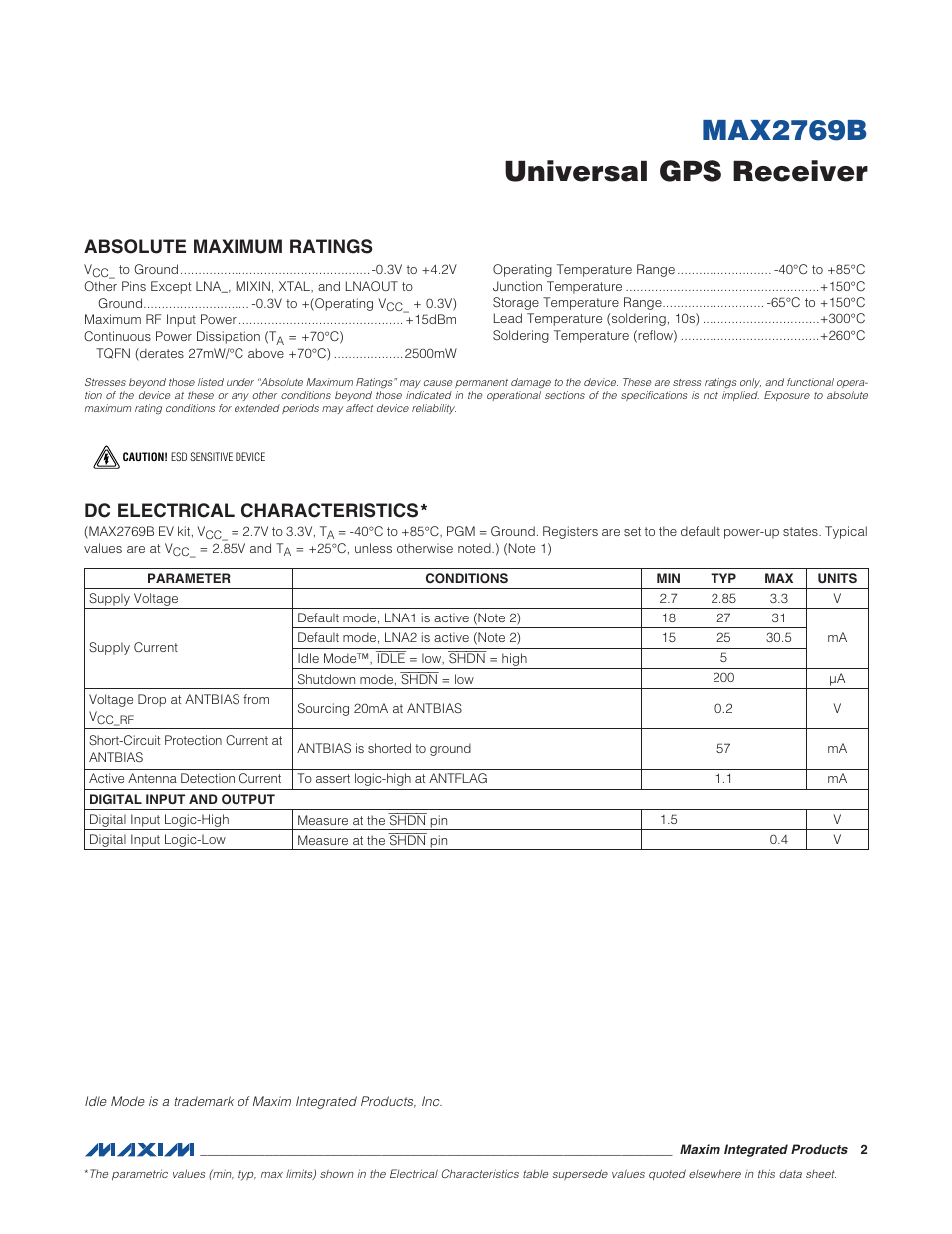 Absolute maximum ratings, Dc electrical characteristics, Max2769b universal gps receiver | Rainbow Electronics MAX2769B User Manual | Page 2 / 25