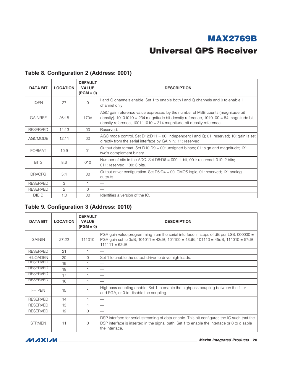 Table 8. configuration 2 (address: 0001), Table 9. configuration 3 (address: 0010), Max2769b universal gps receiver | Rainbow Electronics MAX2769B User Manual | Page 20 / 25