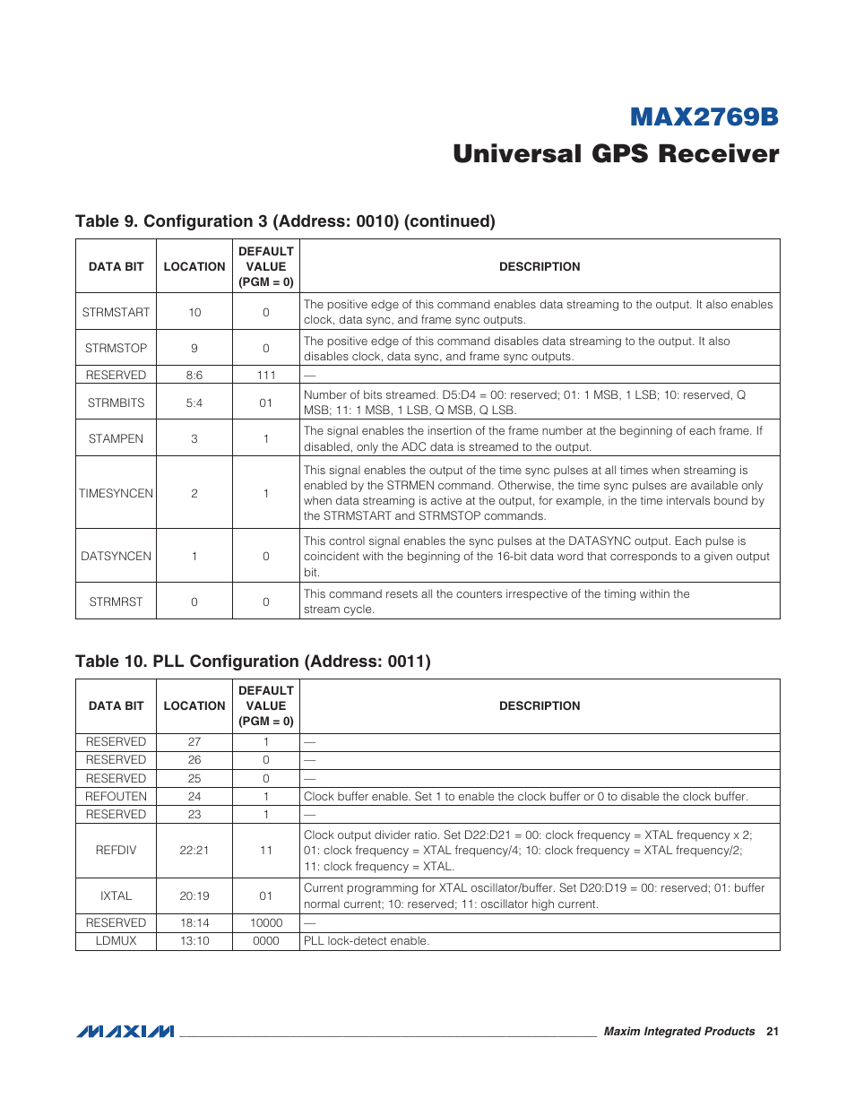 Table 9. configuration 3 (address: 0010), Table 10. pll configuration (address: 00, Max2769b universal gps receiver | Rainbow Electronics MAX2769B User Manual | Page 21 / 25