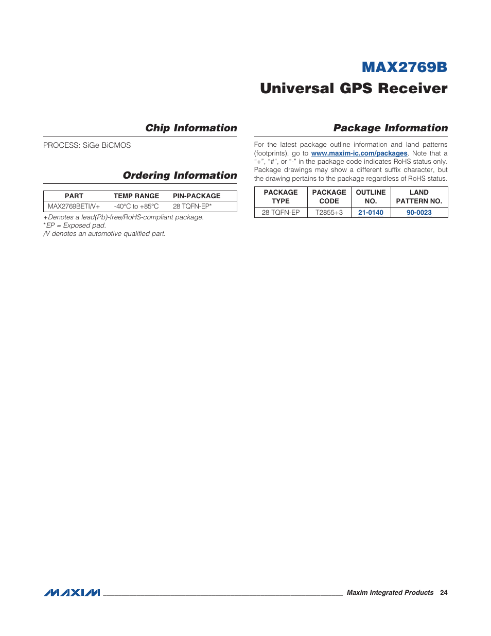 Chip information, Ordering information, Package information | Max2769b universal gps receiver, Ordering information chip information | Rainbow Electronics MAX2769B User Manual | Page 24 / 25