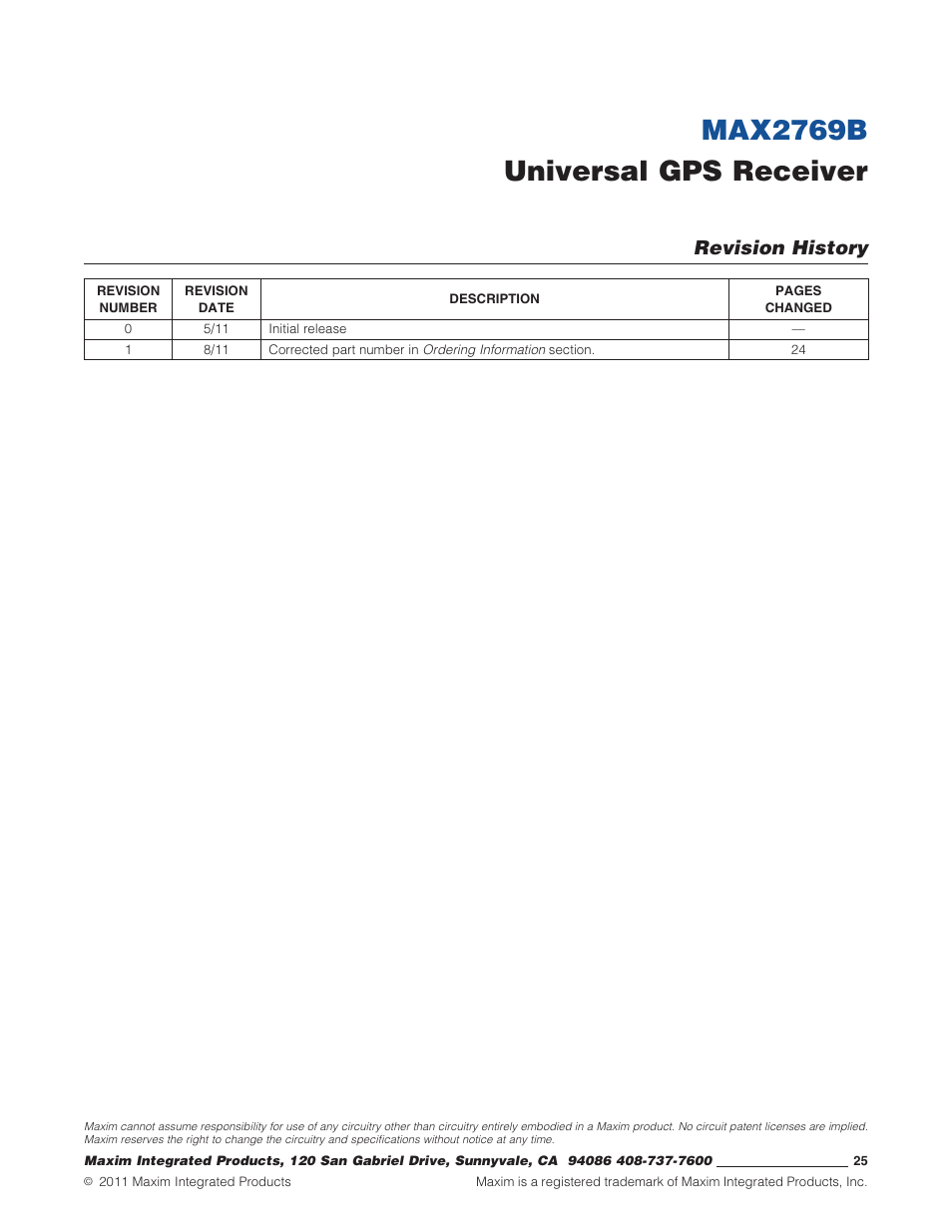 Revision history, Max2769b universal gps receiver | Rainbow Electronics MAX2769B User Manual | Page 25 / 25
