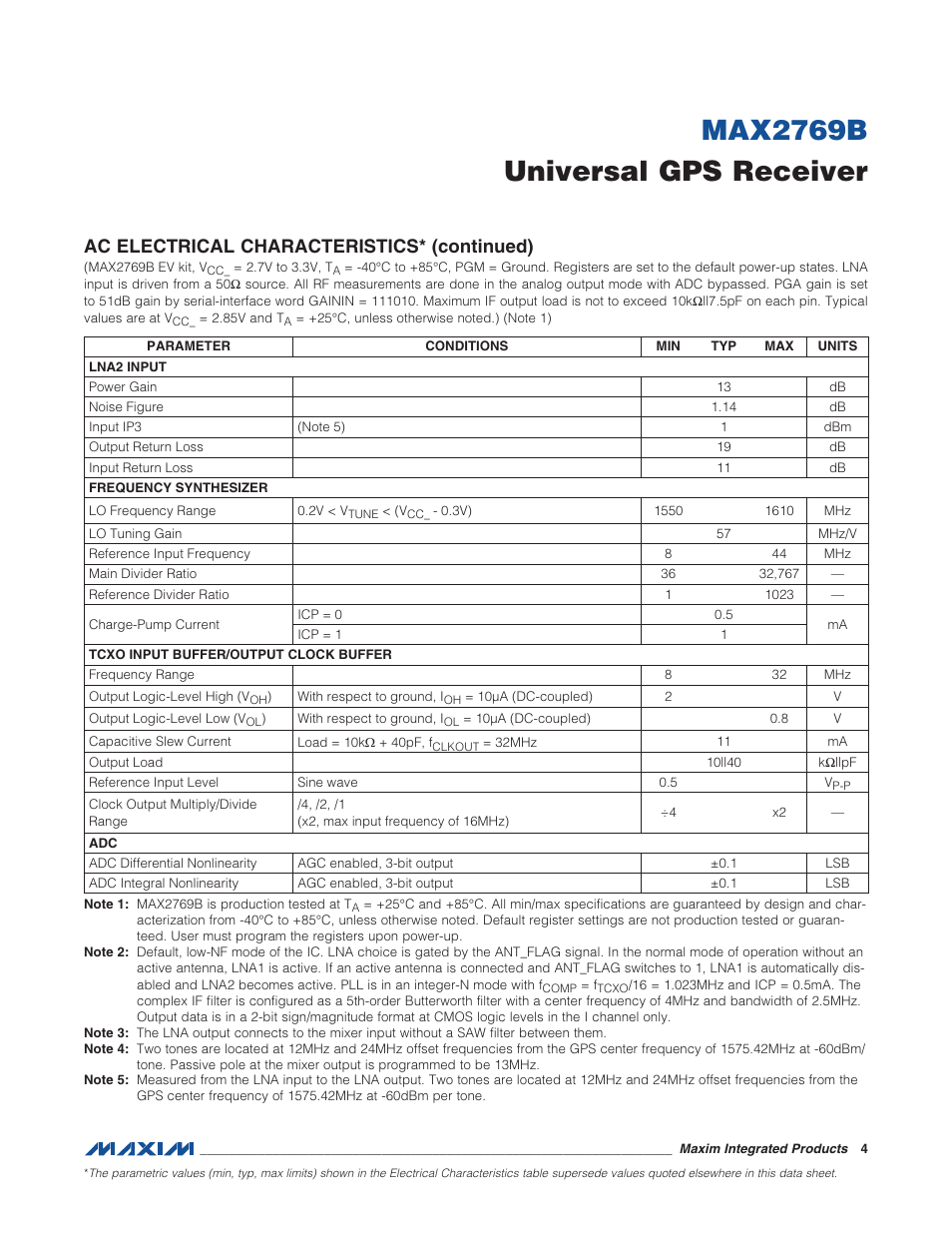 Max2769b universal gps receiver, Ac electrical characteristics* (continued) | Rainbow Electronics MAX2769B User Manual | Page 4 / 25