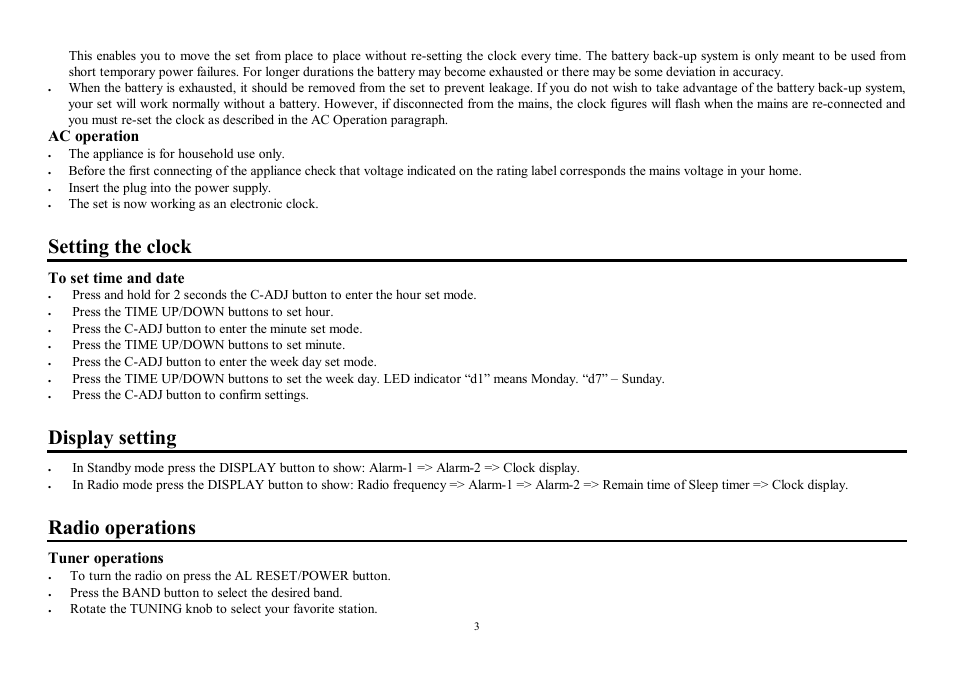 Setting the clock, Display setting, Radio operations | Operation, Tuner operations | Hyundai H-1519 User Manual | Page 3 / 10