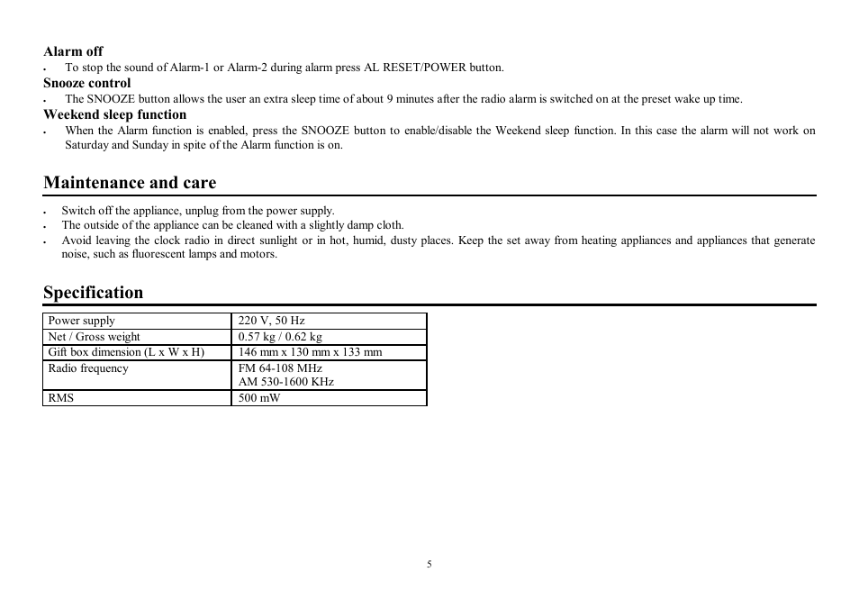 Maintenance and care, Specification | Hyundai H-1519 User Manual | Page 5 / 10