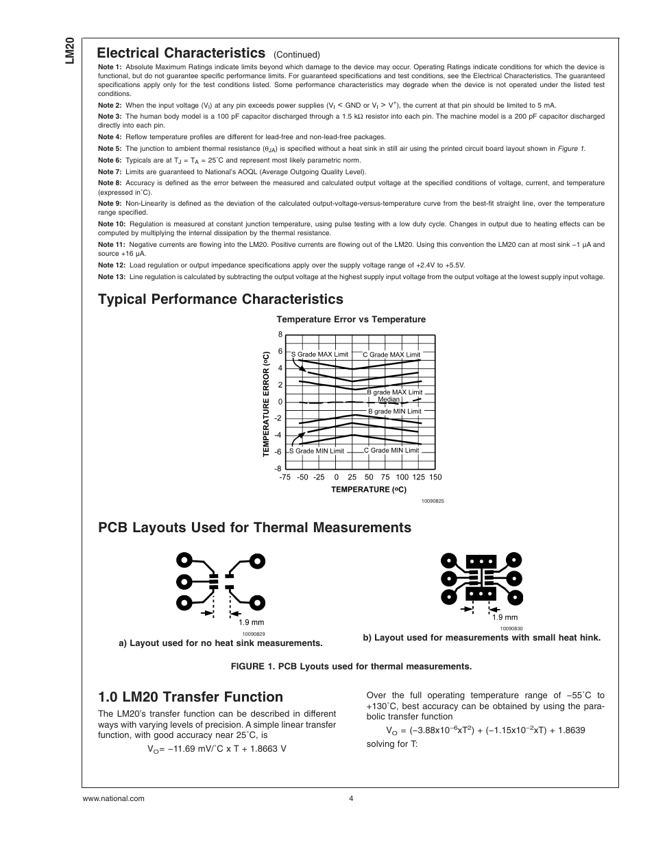 Typical performance characteristics, Pcb layouts used for thermal measurements, Figure 1. pcb lyouts used for thermal measurements | 0 lm20 transfer function, Note 1), Note 2), Note 3), Note 4), Ratings, Note 5) | Rainbow Electronics LM20 User Manual | Page 4 / 9