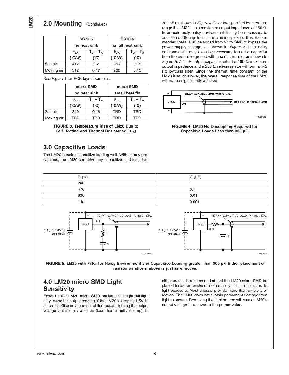 0 capacitive loads, 0 lm20 micro smd light sensitivity, 0 mounting | Lm20 | Rainbow Electronics LM20 User Manual | Page 6 / 9