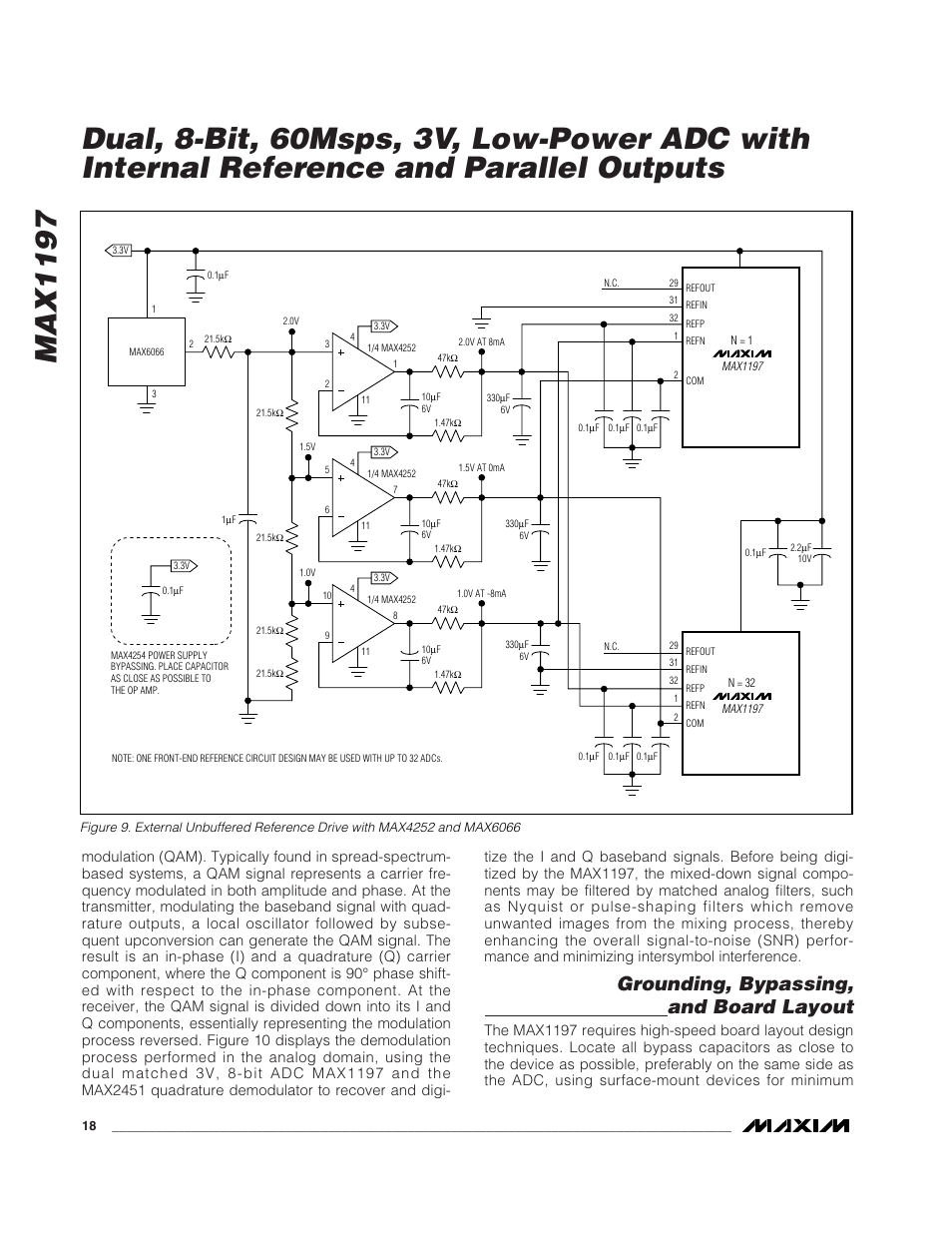 Max1197, Grounding, bypassing, and board layout | Rainbow Electronics MAX1197 User Manual | Page 18 / 22