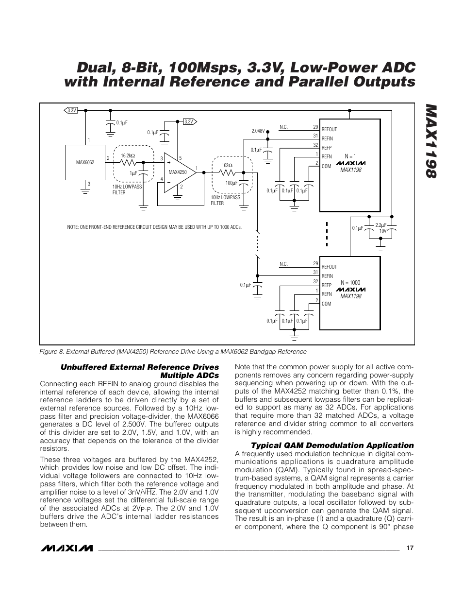 Unbuffered external reference drives multiple adcs, Typical qam demodulation application | Rainbow Electronics MAX1198 User Manual | Page 17 / 22