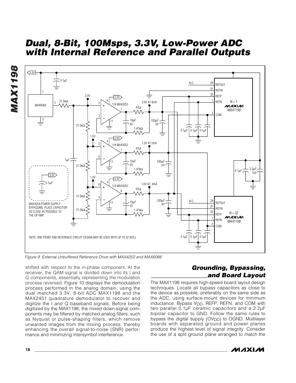 Max1198, Grounding, bypassing, and board layout | Rainbow Electronics MAX1198 User Manual | Page 18 / 22
