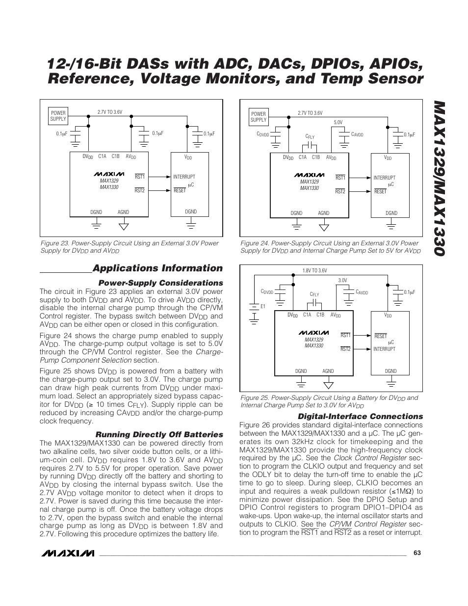 Applications information, Power-supply considerations, Running directly off batteries | Digital-interface connections | Rainbow Electronics MAX1329 User Manual | Page 63 / 78