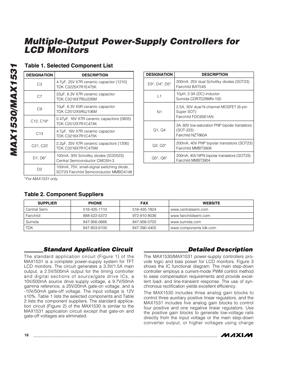 Standard application circuit, Detailed description, Table 1. selected component list | Table 2. component suppliers | Rainbow Electronics MAX1531 User Manual | Page 16 / 33