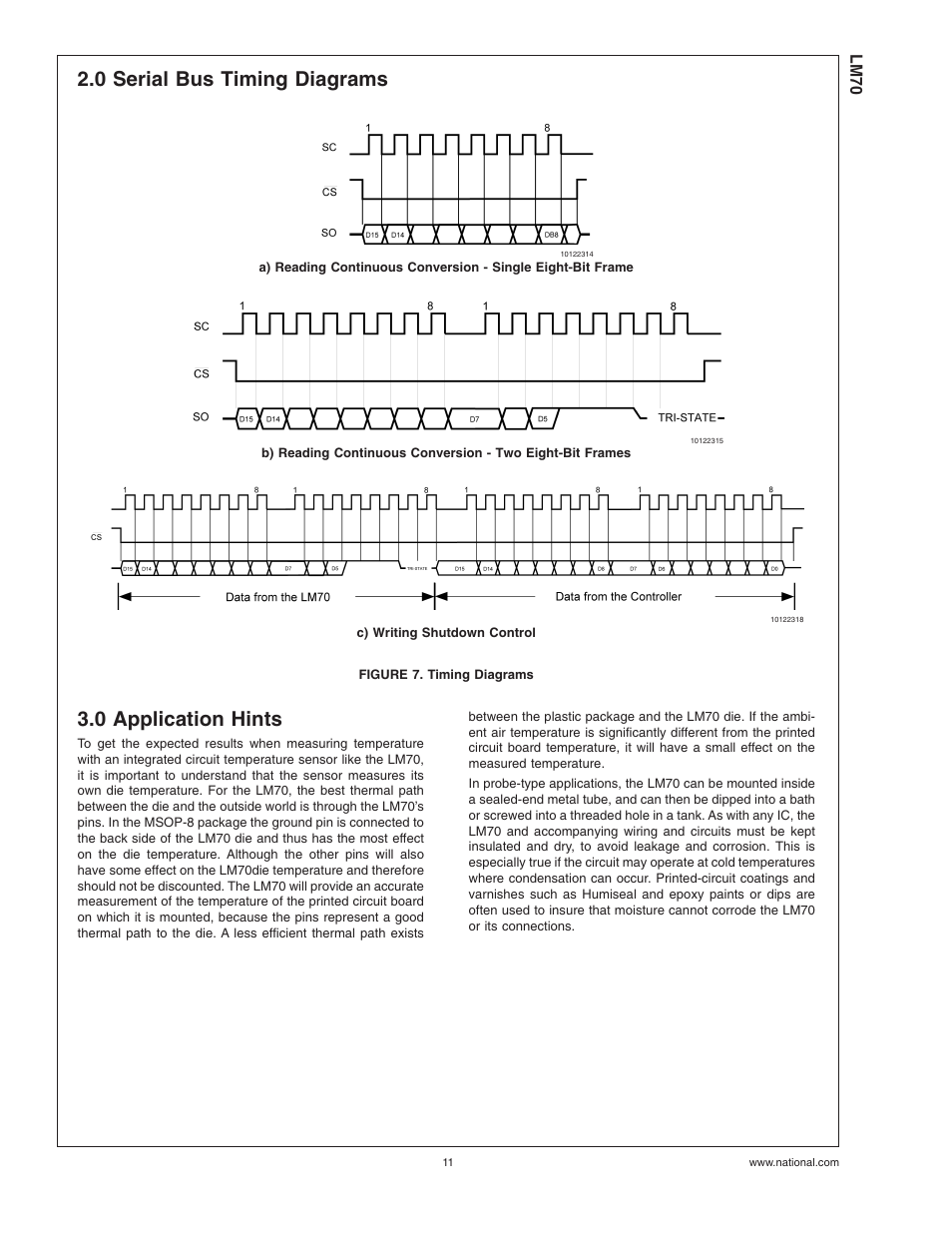 0 serial bus timing diagrams, Figure 7. timing diagrams, 0 application hints | 0 serial bus timing diagrams 3.0 application hints | Rainbow Electronics LM70 User Manual | Page 11 / 14