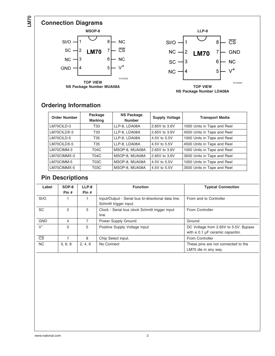 Connection diagrams, Ordering information, Pin descriptions | Rainbow Electronics LM70 User Manual | Page 2 / 14