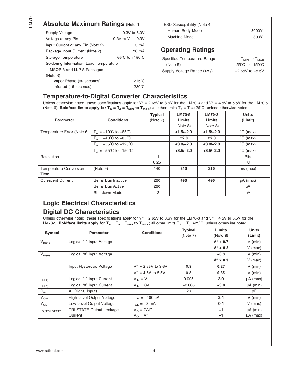 Absolute maximum ratings, Operating ratings, Temperature-to-digital converter characteristics | Logic electrical characteristics, Digital dc characteristics, Lm70 | Rainbow Electronics LM70 User Manual | Page 4 / 14