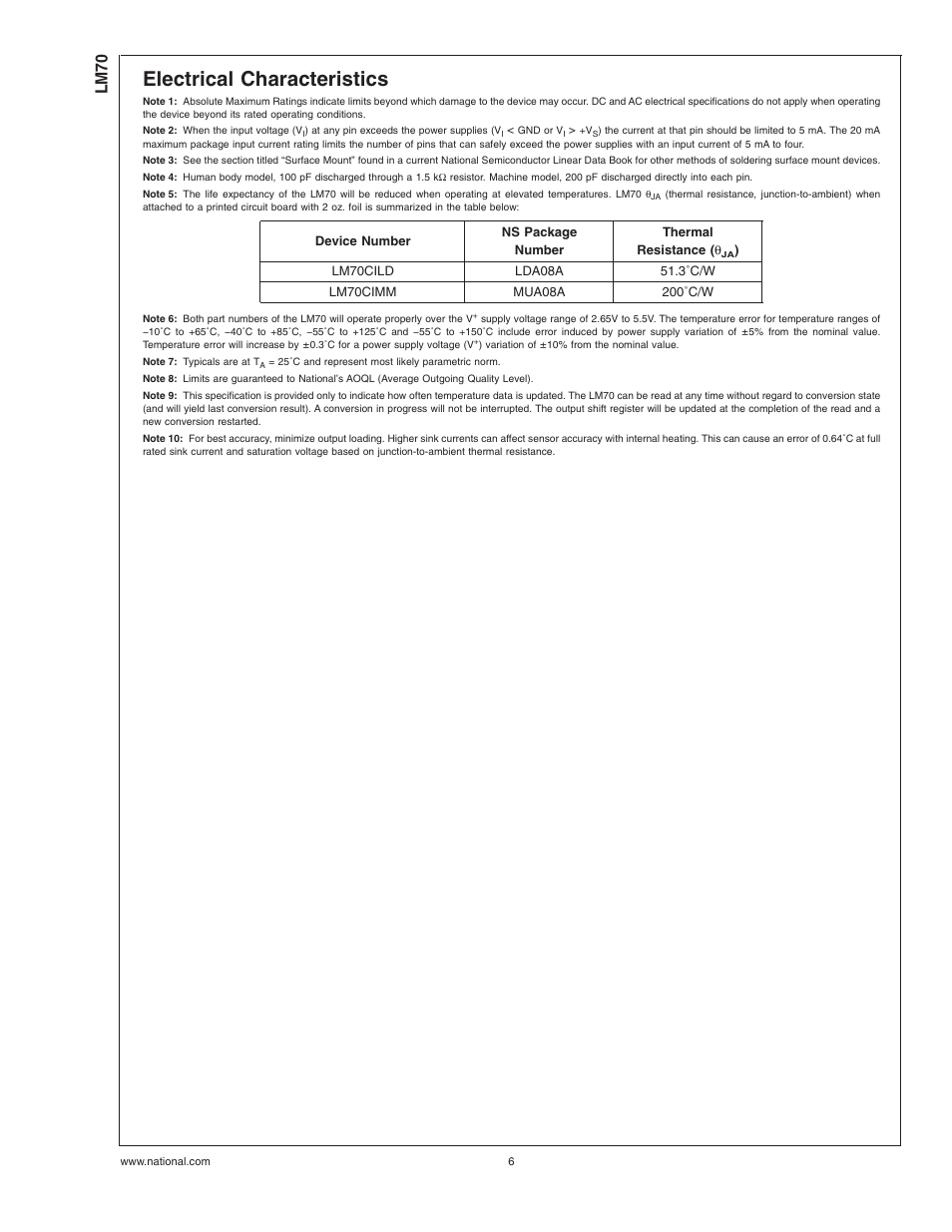 Electrical characteristics, Note 1), Note 2) | Note 3), Note 4), Note 5), Note 6), Note 7), Note 8), Note 9) | Rainbow Electronics LM70 User Manual | Page 6 / 14