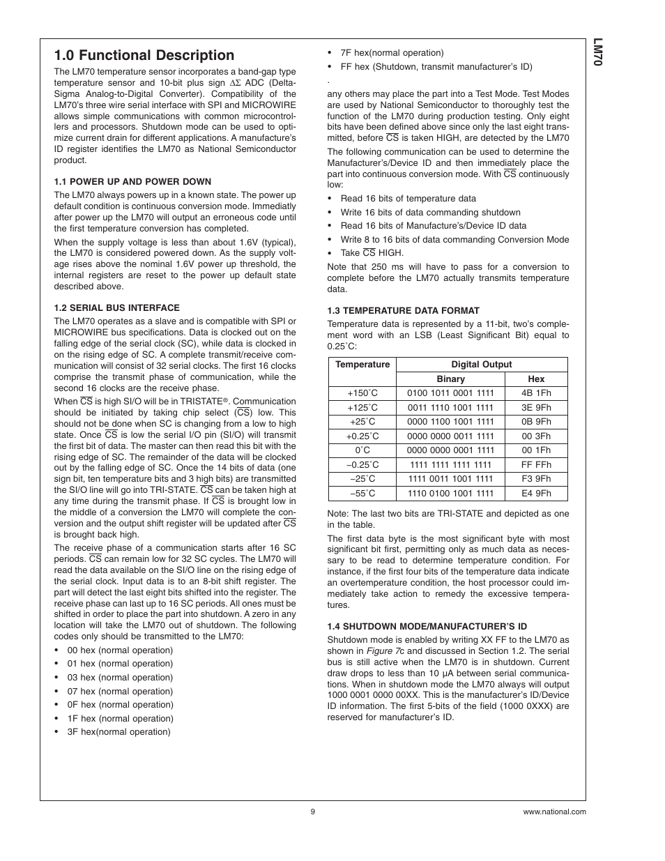 0 functional description, 1 power up and power down, 2 serial bus interface | 3 temperature data format, 4 shutdown mode/manufacturer's id | Rainbow Electronics LM70 User Manual | Page 9 / 14