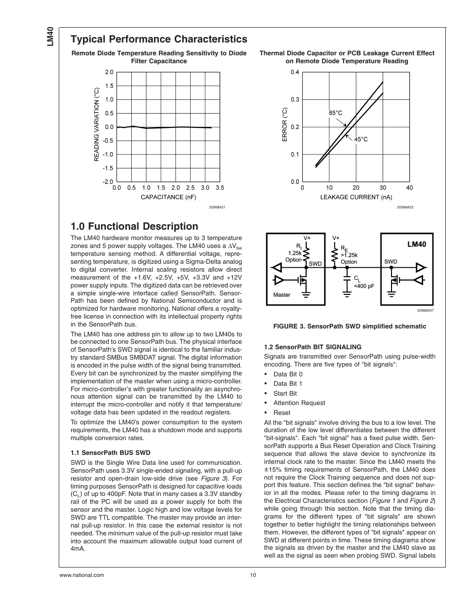 Typical performance characteristics, 0 functional description, 1 sensorpath bus swd | Figure 3. sensorpath swd simplified schematic, 2 sensorpath bit signaling | Rainbow Electronics LM40 User Manual | Page 10 / 27