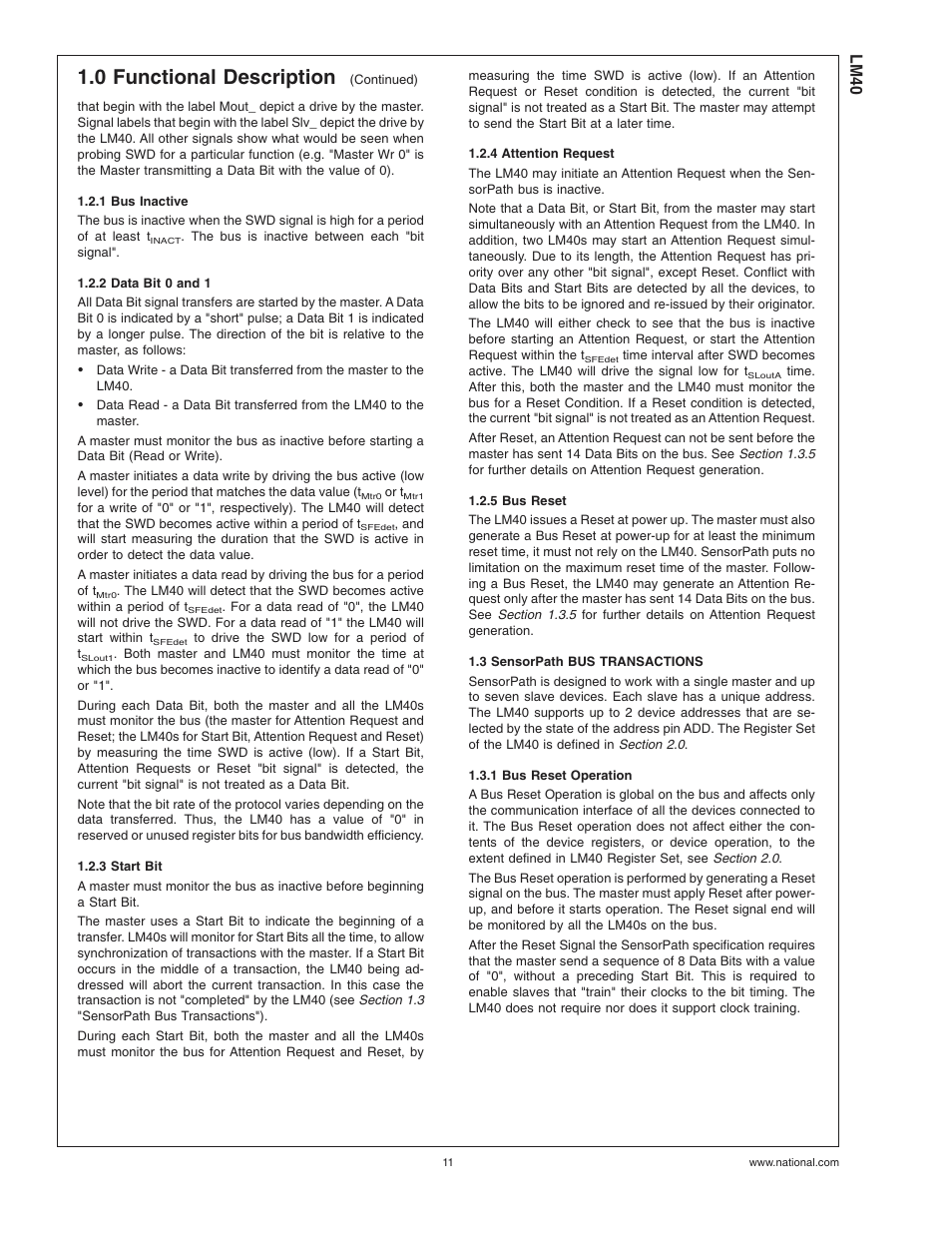 1 bus inactive, 2 data bit 0 and 1, 3 start bit | 4 attention request, 5 bus reset, 3 sensorpath bus transactions, 1 bus reset operation, 0 functional description, Lm40 | Rainbow Electronics LM40 User Manual | Page 11 / 27