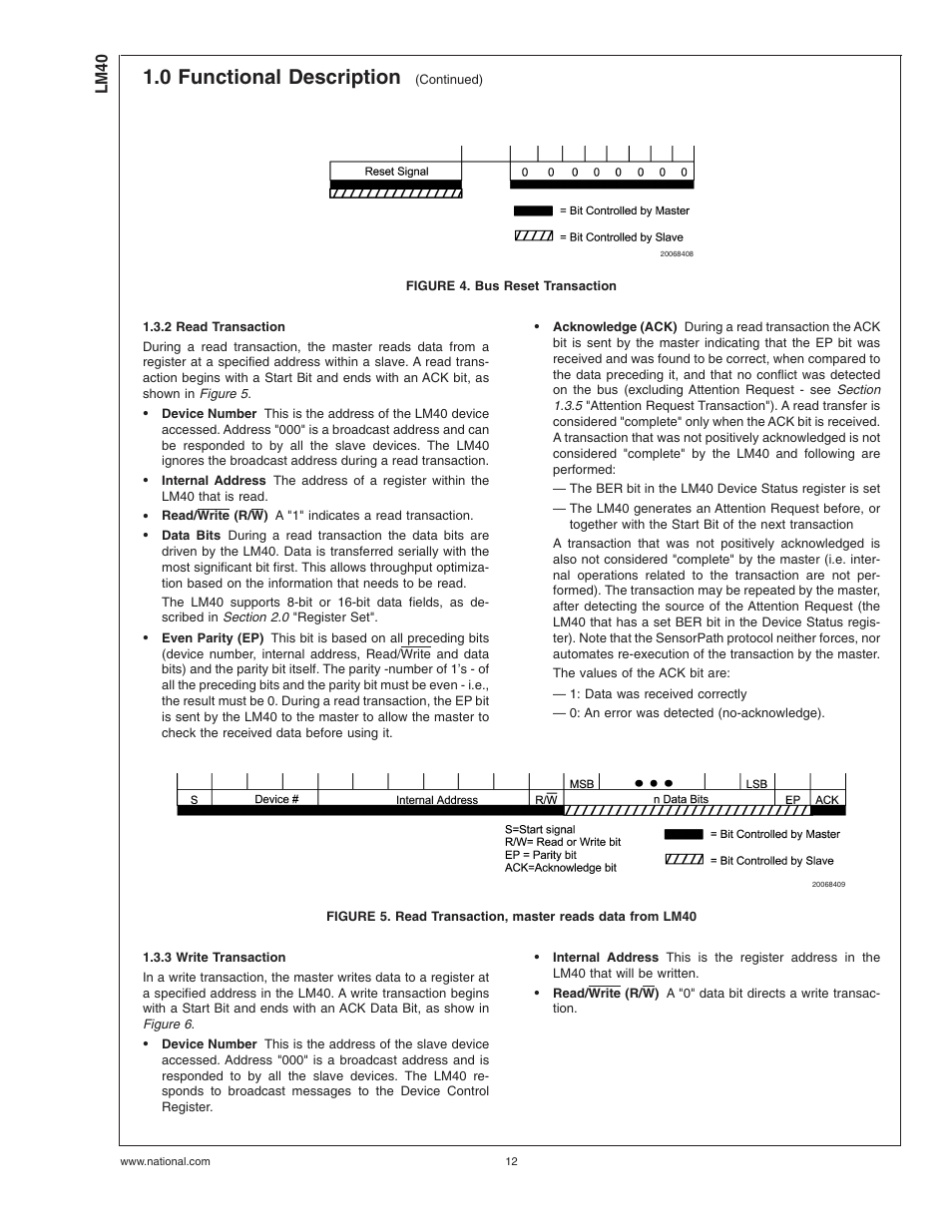 Figure 4. bus reset transaction, 2 read transaction, 3 write transaction | 0 functional description | Rainbow Electronics LM40 User Manual | Page 12 / 27