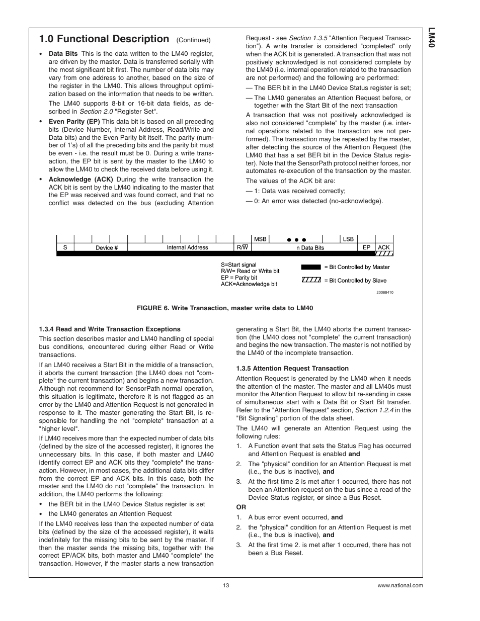 4 read and write transaction exceptions, 5 attention request transaction, 0 functional description | Rainbow Electronics LM40 User Manual | Page 13 / 27