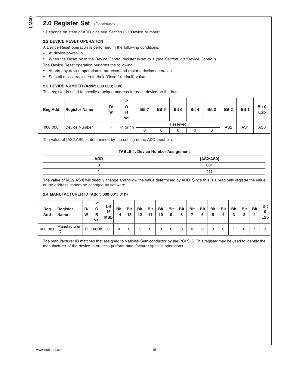 2 device reset operation, 3 device number (addr: 000 000; 00h), Table 1. device number assignment | 4 manufacturer id (addr: 000 001; 01h), 0 register set | Rainbow Electronics LM40 User Manual | Page 16 / 27