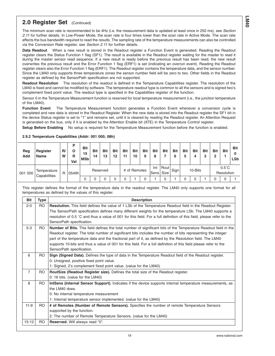 2 temperature capabilities (addr: 001 000; 08h), 0 register set | Rainbow Electronics LM40 User Manual | Page 19 / 27