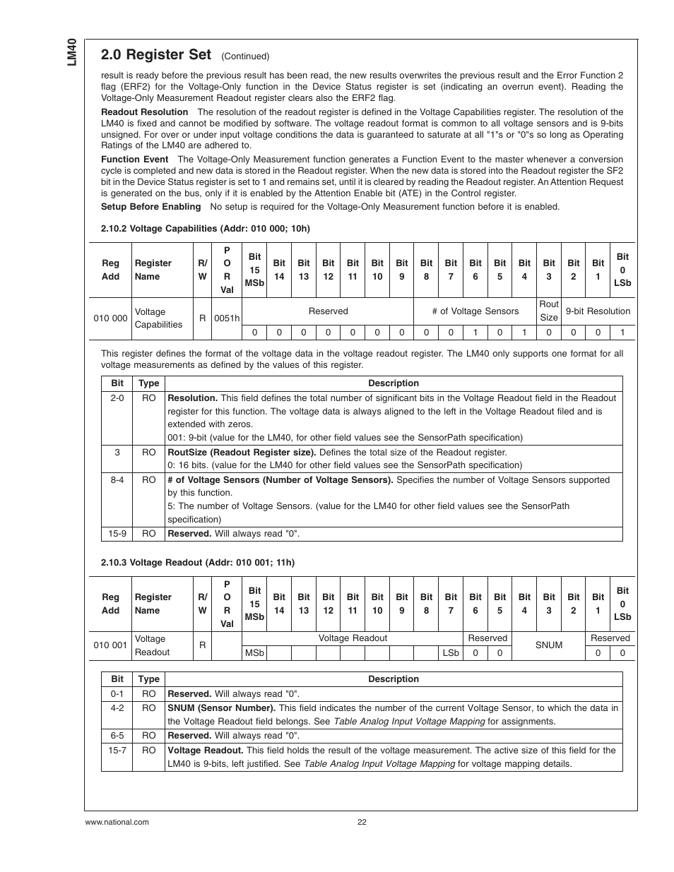 2 voltage capabilities (addr: 010 000; 10h), 3 voltage readout (addr: 010 001; 11h), 0 register set | Rainbow Electronics LM40 User Manual | Page 22 / 27