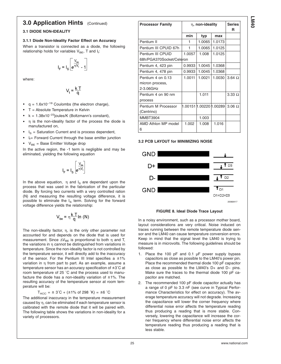 1 diode non-ideality, 1 diode non-ideality factor effect on accuracy, 2 pcb layout for minimizing noise | Figure 8. ideal diode trace layout, 0 application hints | Rainbow Electronics LM40 User Manual | Page 25 / 27