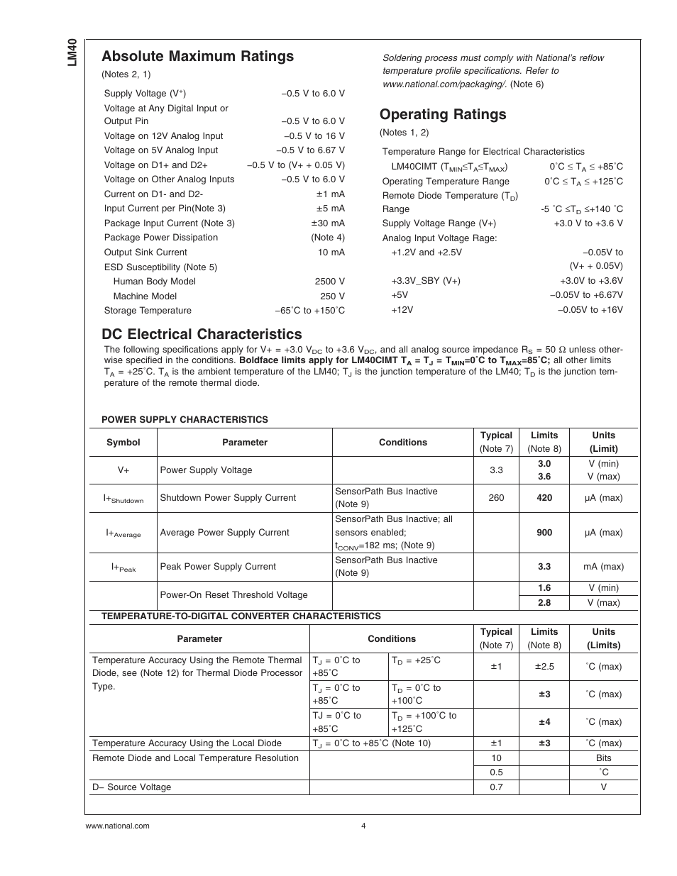 Absolute maximum ratings, Operating ratings (notes , ), Dc electrical characteristics | Operating ratings, Lm40 | Rainbow Electronics LM40 User Manual | Page 4 / 27