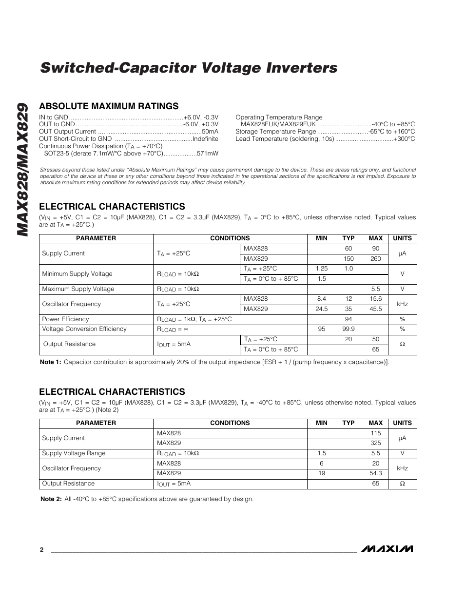 Electrical characteristics | Rainbow Electronics MAX829 User Manual | Page 2 / 8