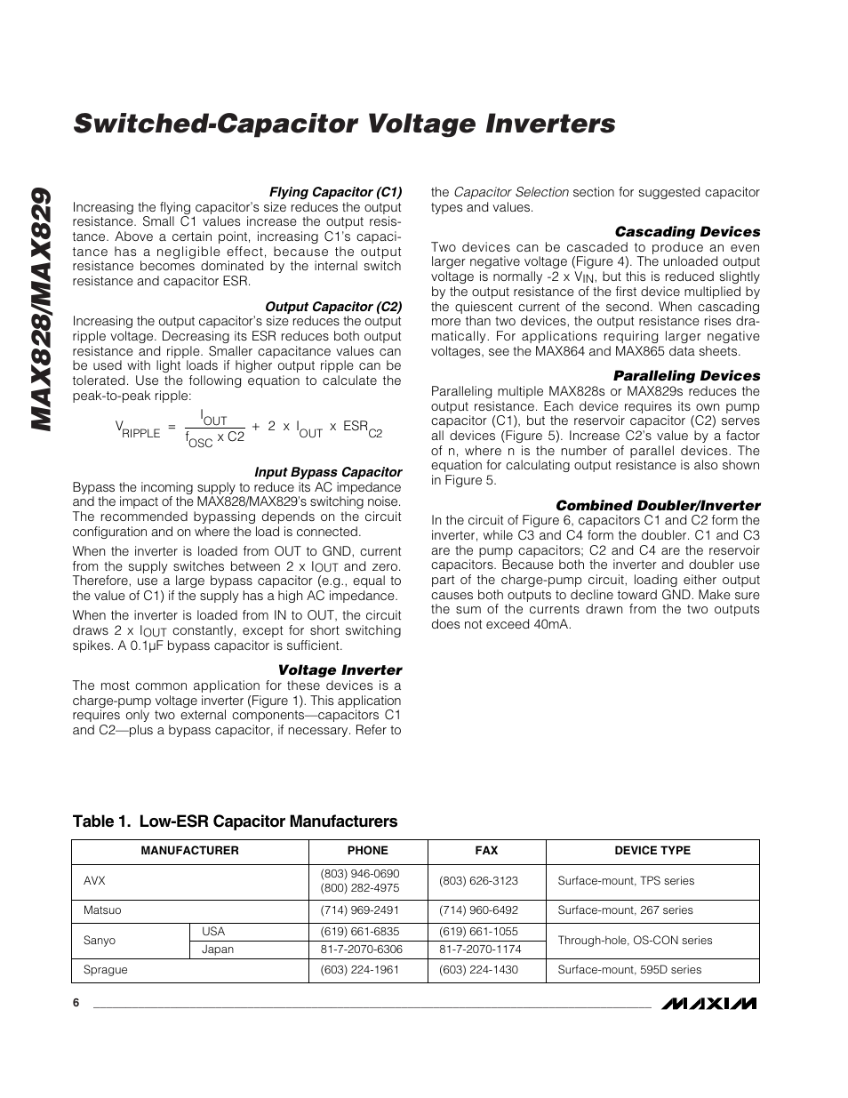 Table 1. low-esr capacitor manufacturers | Rainbow Electronics MAX829 User Manual | Page 6 / 8