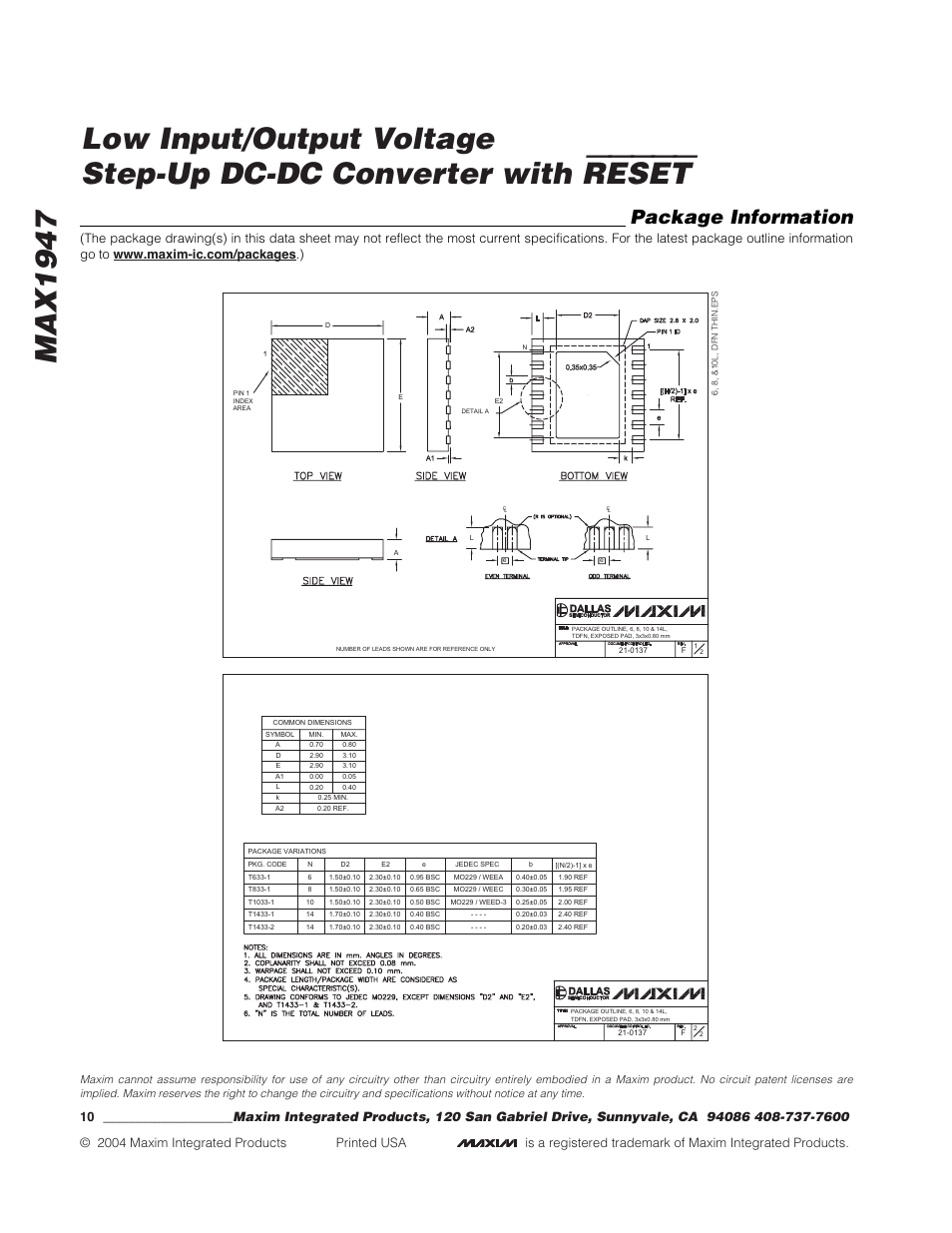 Reset, Package information | Rainbow Electronics MAX1947 User Manual | Page 10 / 10