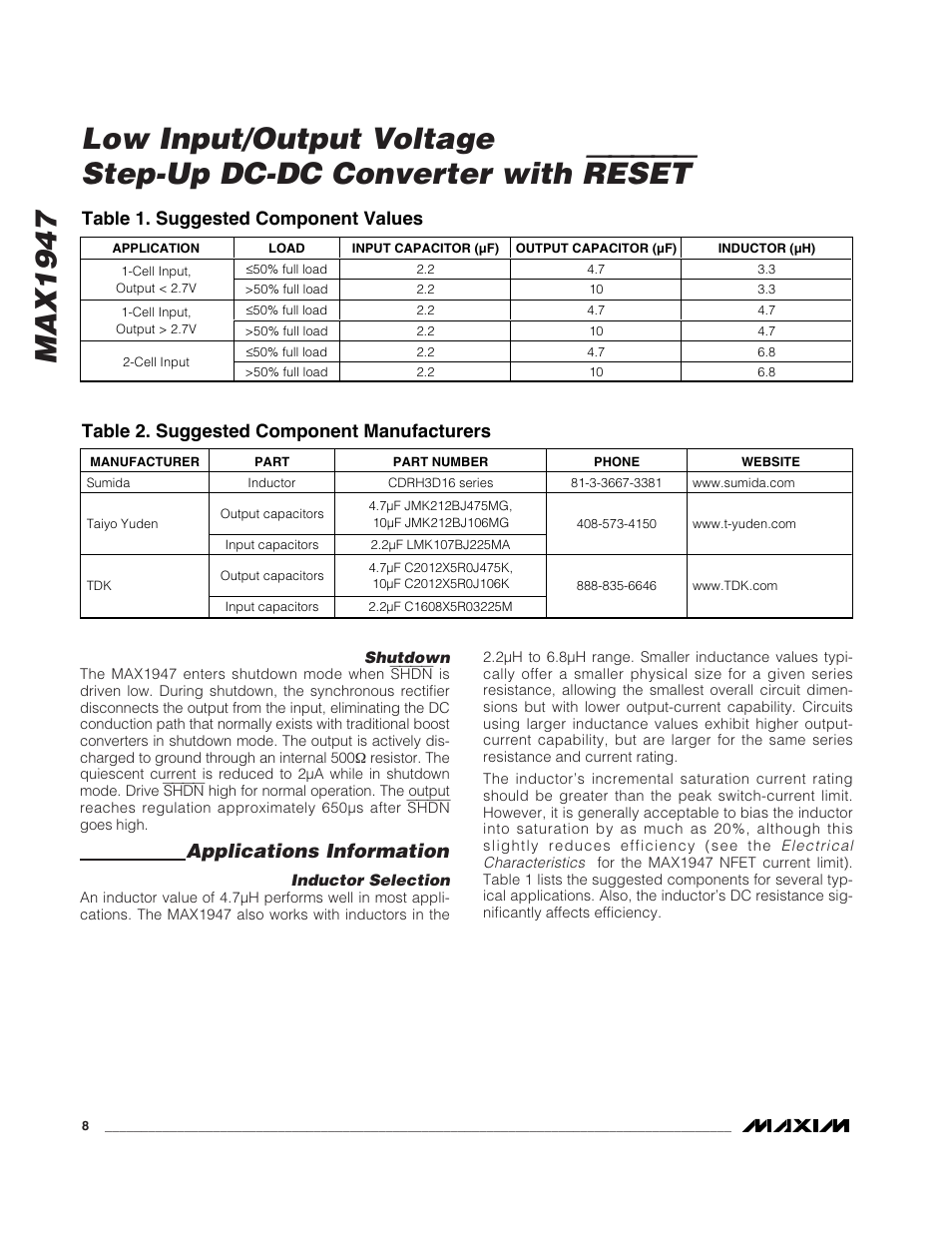 Reset, Max1947, Applications information | Table 1. suggested component values, Table 2. suggested component manufacturers | Rainbow Electronics MAX1947 User Manual | Page 8 / 10