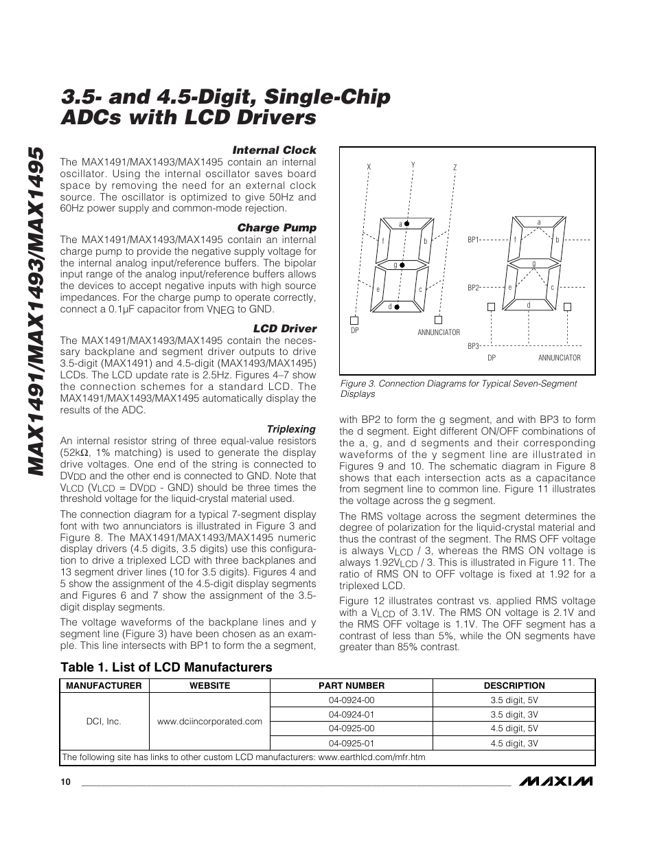 And 4.5-digit, single-chip adcs with lcd drivers, Table 1. list of lcd manufacturers | Rainbow Electronics MAX1495 User Manual | Page 10 / 25