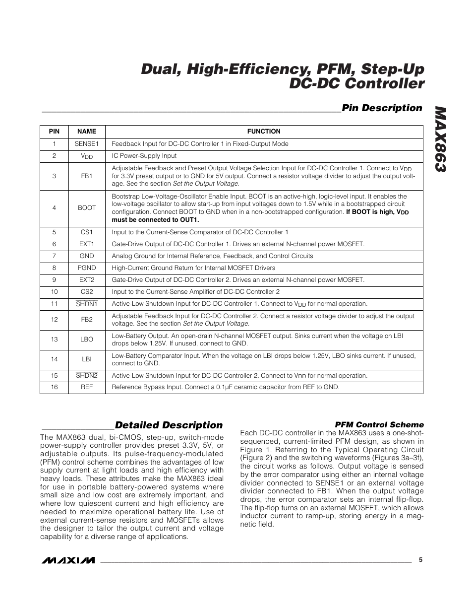 Detailed description, Pin description | Rainbow Electronics MAX863 User Manual | Page 5 / 16