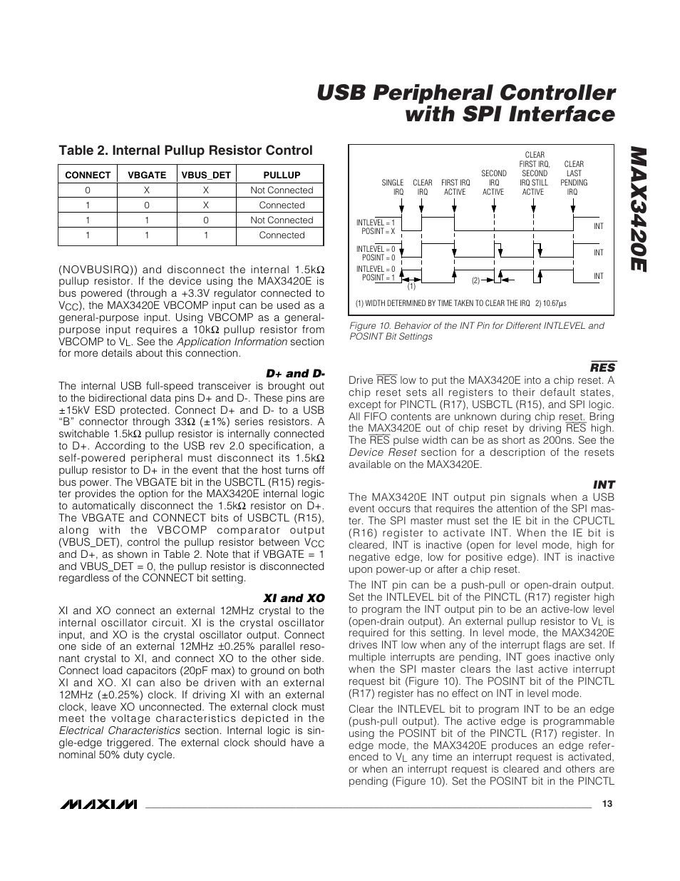 Table 2. internal pullup resistor control | Rainbow Electronics MAX3420E User Manual | Page 13 / 23