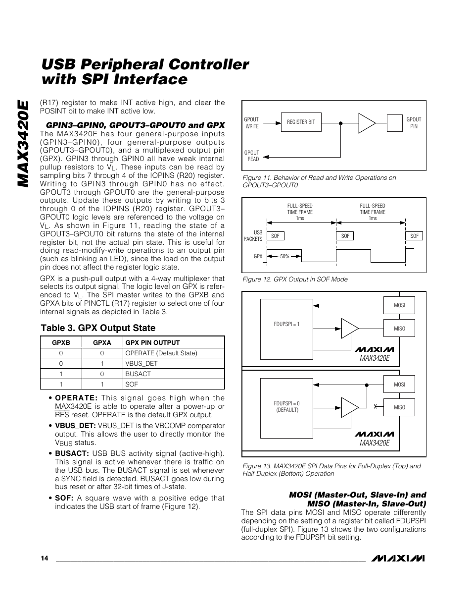 Max3420e, Usb peripheral controller with spi interface, Table 3. gpx output state | Rainbow Electronics MAX3420E User Manual | Page 14 / 23