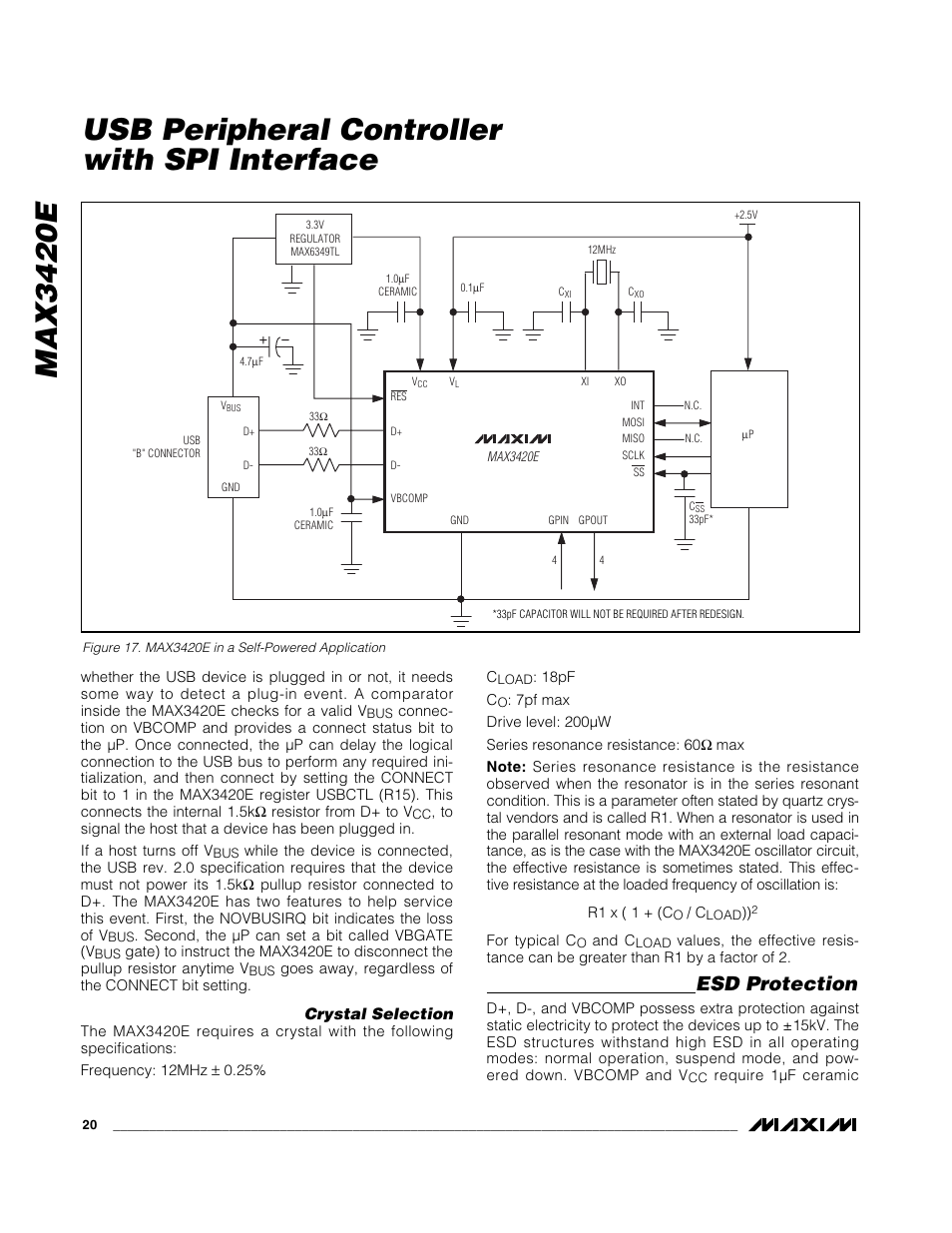 Max3420e, Usb peripheral controller with spi interface, Esd protection | Rainbow Electronics MAX3420E User Manual | Page 20 / 23