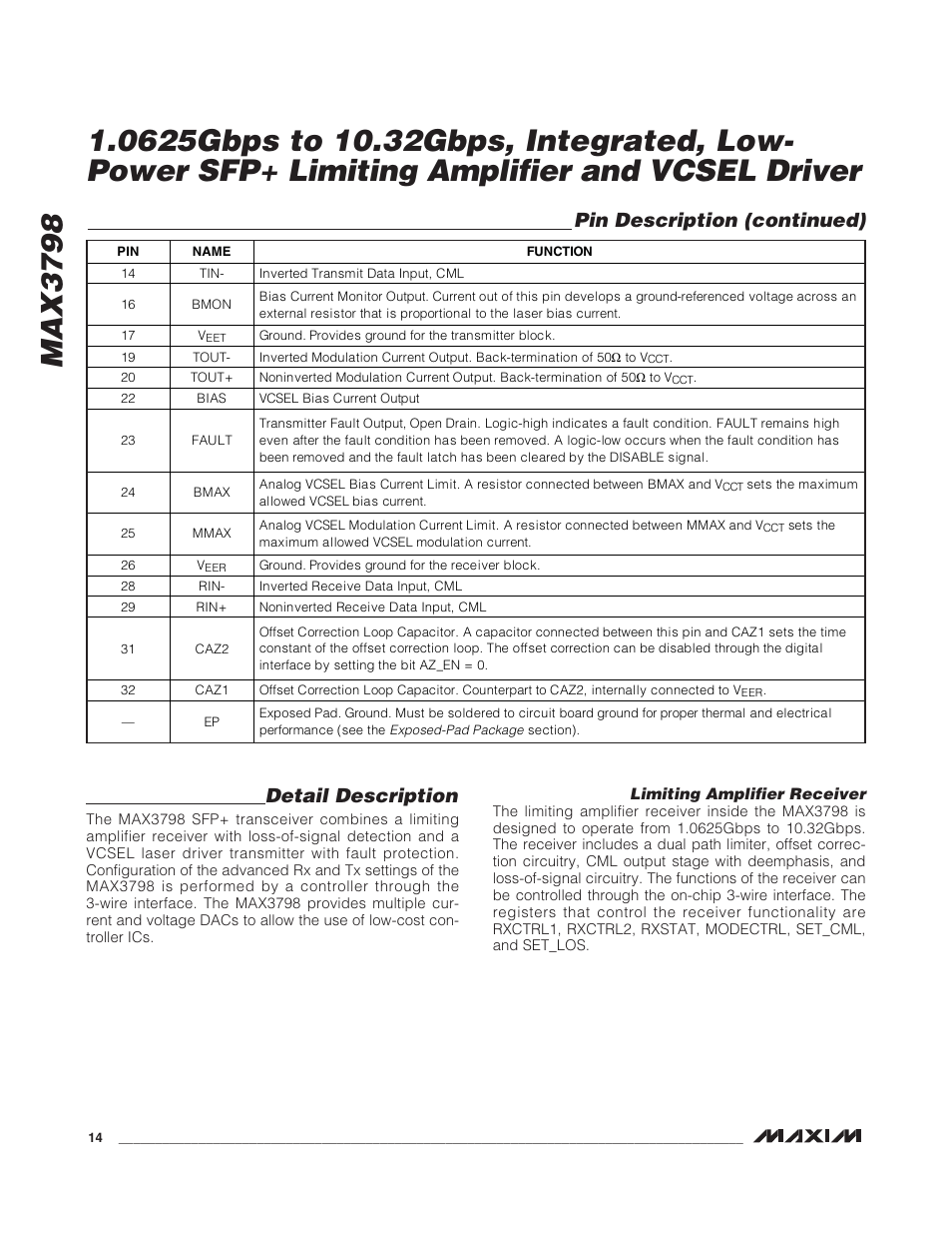 Max3798, Detail description, Pin description (continued) | Rainbow Electronics MAX3798 User Manual | Page 14 / 35