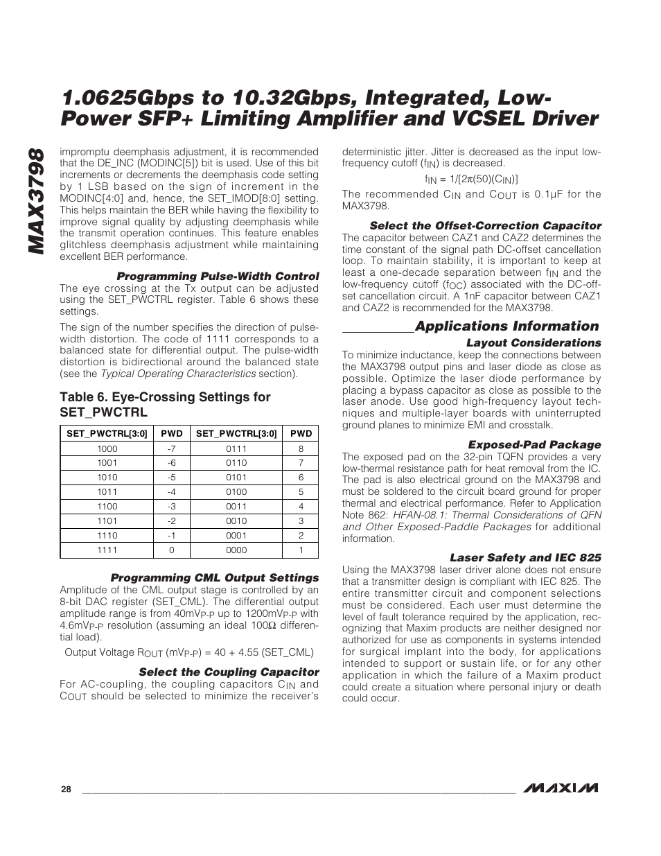 Max3798, Applications information, Table 6. eye-crossing settings for set_pwctrl | Rainbow Electronics MAX3798 User Manual | Page 28 / 35
