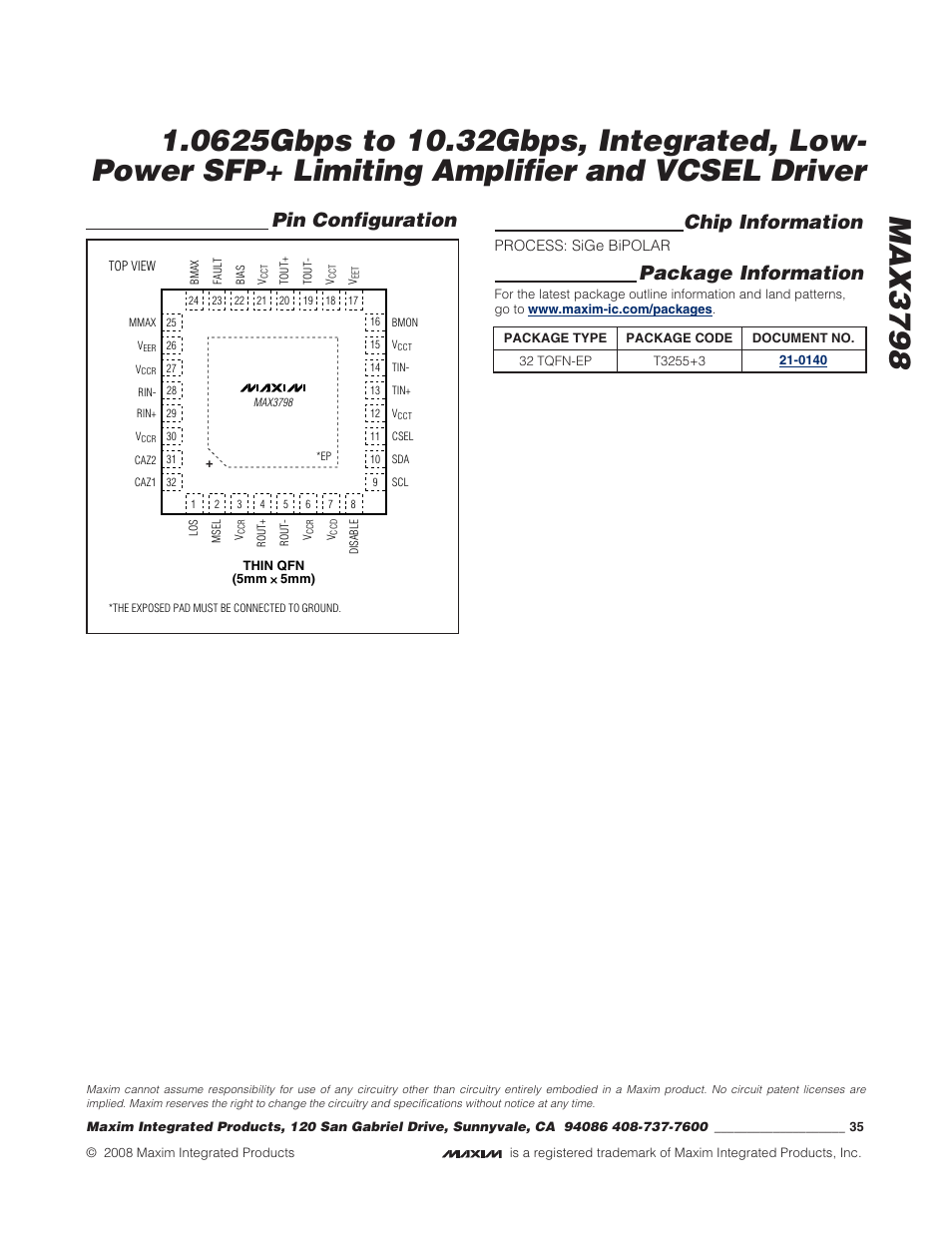 Pin configuration chip information, Package information | Rainbow Electronics MAX3798 User Manual | Page 35 / 35