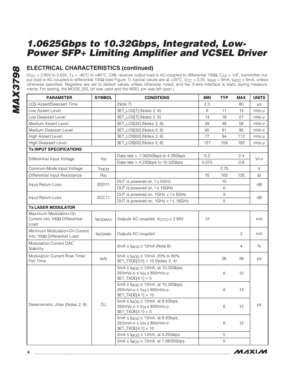Electrical characteristics (continued) | Rainbow Electronics MAX3798 User Manual | Page 4 / 35