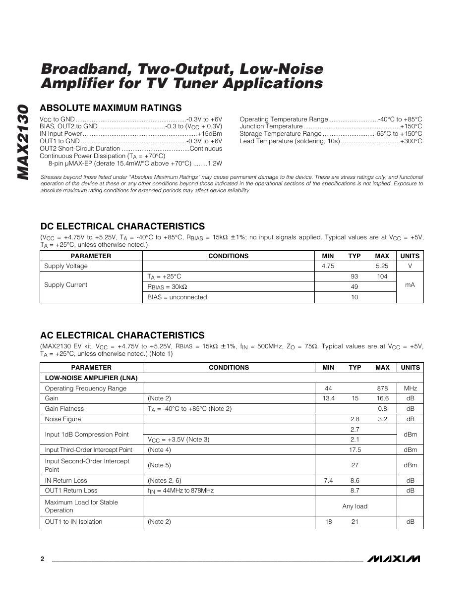 Ac electrical characteristics | Rainbow Electronics MAX2130 User Manual | Page 2 / 8