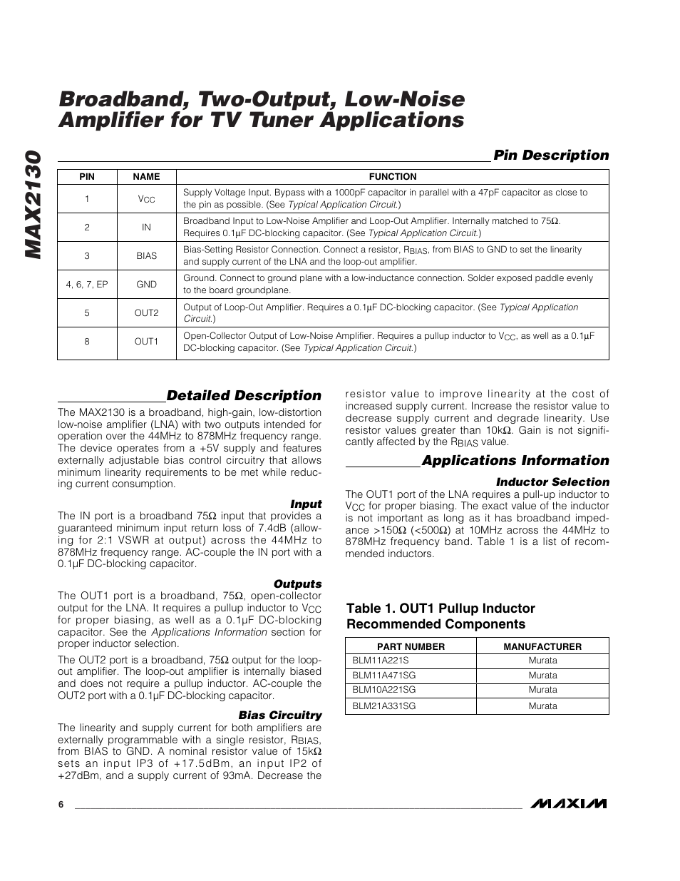 Detailed description, Applications information, Pin description | Rainbow Electronics MAX2130 User Manual | Page 6 / 8